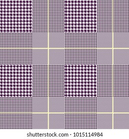 Glen plaid pattern in dark purple, golden yellow and white. Prince of Wales check. Seamless fabric texture print. 