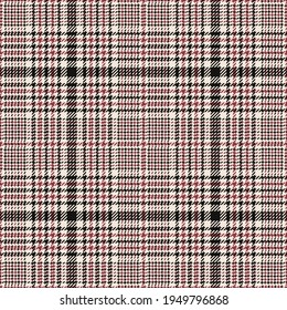 Glen plaid pattern fashion background in black, red pink, off white. Seamless tartan check plaid vector for spring autumn winter jacket, coat, skirt, trousers, throw, other modern textile print.