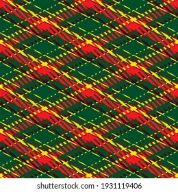Glen plaid pattern in green, red, yellow. Abstract seamless checkered background. Colored Scottish cage. Vector graphics printing on fabrics, shirts and textiles.
