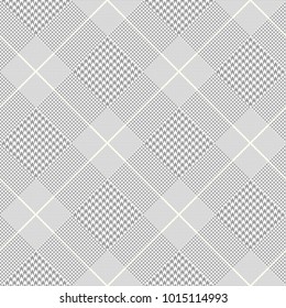 Glen plaid pattern in grey, white and golden cream. Prince of Wales check. Seamless fabric texture print. 