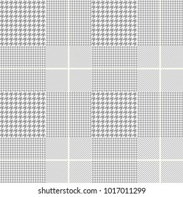 Glen plaid pattern in grey and white with cream overcheck. Prince of Wales check. Seamless fabric texture print. 