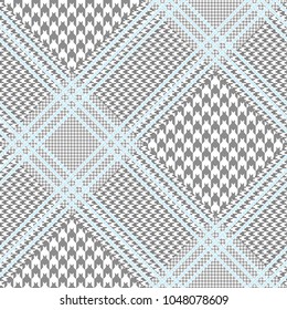 Glen plaid pattern in grey and white with pale blue overcheck. Seamless Prince of Wales texture print. 