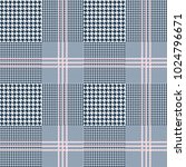 Glen plaid pattern in navy blue and white with triple pink overcheck. Prince of Wales checkered print. Seamless fabric texture. 