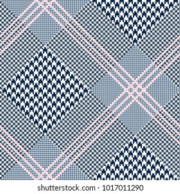 Glen plaid pattern in navy blue and pink. Prince of Wales check. Seamless fabric texture print. 