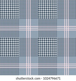 Glen plaid pattern in navy blue and white with triple pink overcheck. Prince of Wales checkered print. Seamless fabric texture. 