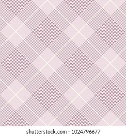 Glen plaid pattern in pale amaranth purple, pink and cream. Prince of Wales diagonal checkered print. Seamless fabric texture. 