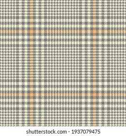 Glen plaid pattern pixel print in grey and soft orange. Seamless check plaid graphic background vector for dress, skirt, blanket, trousers, other modern spring autumn everyday fashion textile design.