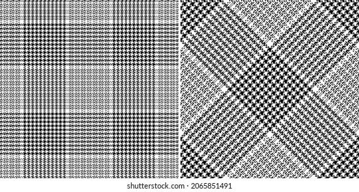 Glen plaid pattern print in black and white. Seamless pixel textured tartan tweed vector graphic background for dress, skirt, trousers, jacket, other modern spring autumn winter fashion fabric design.