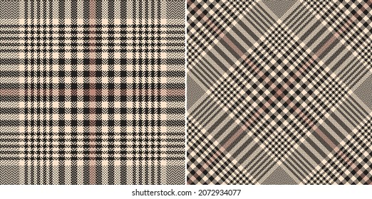 Glen plaid pattern print in black and pink. Seamless herringbone textured elegant tweed tartan vector illustration set for blanket, trousers, skirt, other modern spring autumn winter textile design.