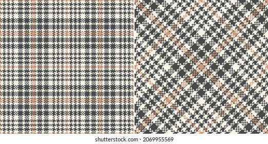 Glen plaid pattern print set for dress, jacket, skirt, trousers, blanket. Seamless tweed tartan check vector illustration in grey and beige for spring autumn winter modern fashion fabric design.