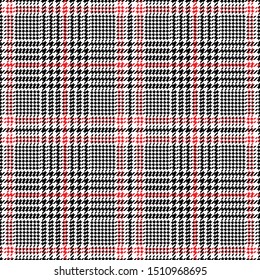 Glen plaid pattern. Seamless black white red houndstooth check plaid for jacket, coat, skirt, trousers, dress, or other modern autumn and winter tweed textile design.