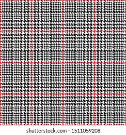 Glen plaid pattern. Seamless black white red houndstooth check plaid for jacket, coat, skirt, trousers, dress, or other modern autumn and winter tweed textile design.