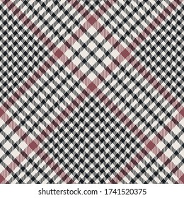Glen plaid pattern. Seamless tartan check plaid diagonal background in pink, dark grey, and off white for tablecloth, skirt, or other autumn or spring tweed textile design.