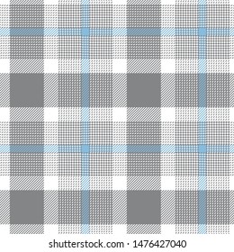 Glen plaid pattern. Seamless tweed check plaid in grey, blue, and white for coat, jacket, trousers, dress, or other modern textile design.