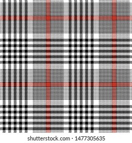 Glen plaid pattern. Seamless tweed check plaid in black, red, and white for skirt, jacket, coat, trousers, dress, or other modern fashion textile design. Hounds tooth texture.