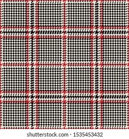 Glen plaid pattern. Seamless vector tweed check plaid background texture in black, red, and beige for jacket, dress, skirt, trousers, bag, or other modern classic tweed textile design.