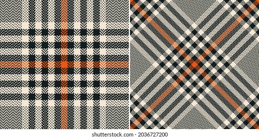 Glen plaid pattern set in black, orange, beige. Seamless herringbone textured tweed tartan check plaid for flannel shirt, skirt, blanket, scarf, other modern spring autumn winter fashion fabric print.