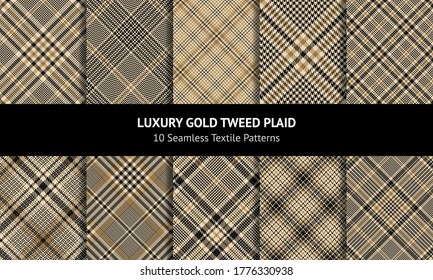 Glen plaid pattern set in gold and black. Seamless luxury tweed tartan check plaid for jacket, coat, skirt, blanket, or other modern autumn winter fabric design.