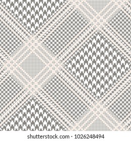 Glen plaid pattern in taupe and white with beige overcheck. Classic Prince of Wales checkered texture. Seamless fabric print. 