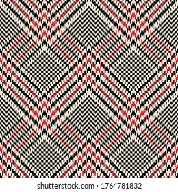 Glen plaid pattern vector in black, red, off white. Seamless diaognal tweed check plaid for dress, jacket, coat, skirt, or other modern autumn winter fabric design.