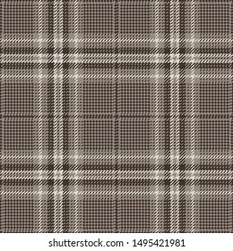 Glen plaid pattern vector graphic. Seamless hounds tooth check plaid texture in dark brown and beige for jacket, skirt, dress, trousers, or other modern clothing textile design.