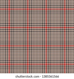 Glen plaid. Seamless hounds tooth check plaid pattern in beige, grey, and red for jacket, dress, coat, skirt, or other fabric design.