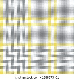 Glen plaid seamless pattern in grey, yellow, white. Tweed check plaid background for jacket, coat, skirt, blanket, duvet cover, or other modern spring summer textile design. Hounds tooth texture.