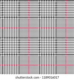 Glen Plaid Seamless Vector Pattern in Black and Gray with Red Overcheck Stripe. Prince of Wales Check. Trendy Classic High Fashion Print. 8x8 Check Houndstooth. Pixel Perfect Tile Swatch Included.