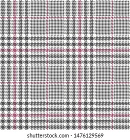 Glen plaid textile pattern. Seamless check plaid in grey, pink, and off white for jacket, coat, trousers, dress, or other apparel design.