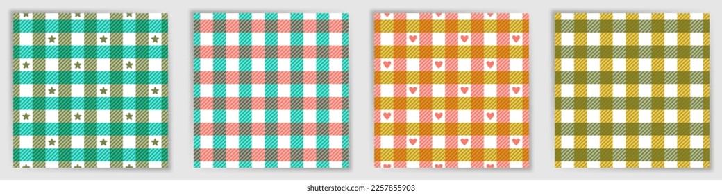Glen plaid tweed endless pattern set. English swahili checkered tartan textile print collection with stars and hearts. Glen plaid tweed square patterns for tablecloth fabric print.