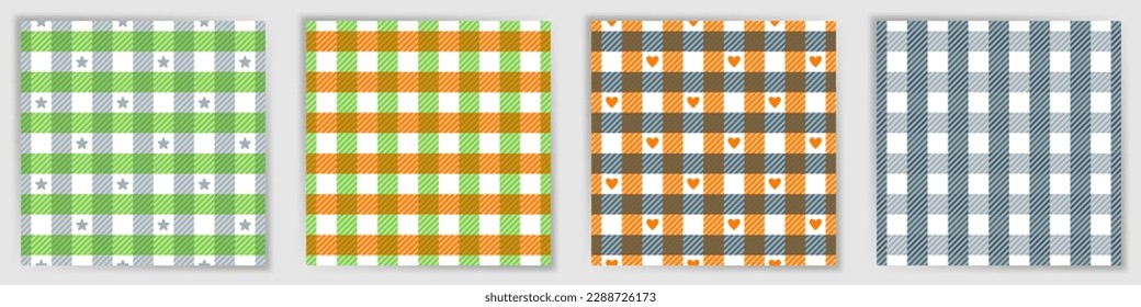 Glen plaid tweed endless pattern set. Beautiful swahili checkered tartan fabric print collection with stars and hearts. Glen plaid tweed striped swatches for oilcloth textile print.