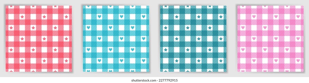 Un juego de patrones sin fisuras de platillos de vidrio. Bonita colección de impresiones textiles a cuadros de swahili con estrellas y corazones. Láminas cuadradas de tela de lino con incrustaciones de vidrio.
