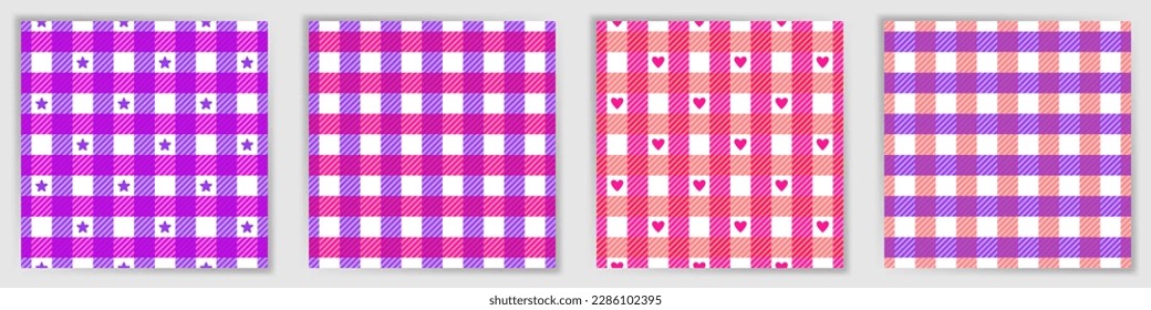 Glen plaid tweed seamless pattern set. Pretty swahili checkered tartan fabric print collection with stars and hearts. Glen plaid tweed striped ornaments for oilcloth textile print.