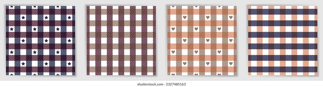 Glen plaid tweed seamless pattern set. Scottish swahili checkered tartan textile print collection with stars and hearts. Glen plaid tweed striped swatches for bedclothes fabric print.