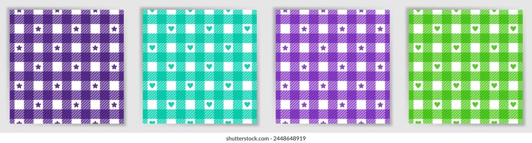 Glen plaid tweed seamless pattern set. Abstract swahili checkered tartan textile print collection with stars and hearts. Glen plaid tweed geometric swatches for jacket fabric print.