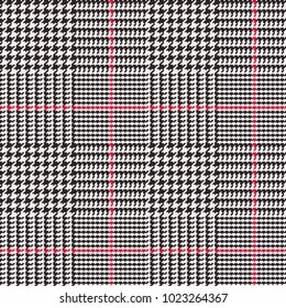 Glen Plaid Vector Pattern in Black, White and Red Overcheck Stripes. Classic Houndstooth Seamless Textile Print. Traditional Scottish Fabric. Pixel Perfect Tile Swatch Included