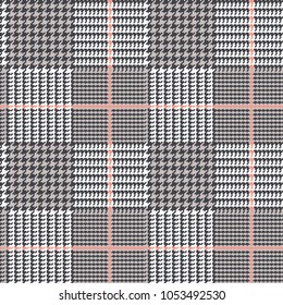 Glen Plaid Vector Pattern in Black and Tan with Coral Pink Overcheck. Prince of Wales Check. Classic Houndstooth Seamless Textile Print. Traditional Scottish Fabric. Pixel Pattern Tile Swatch Included