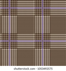 Glen Plaid Vector Pattern in Brown with Ultra Violet Overcheck. Prince of Wales Check. Classic Houndstooth Seamless Textile Print. Traditional Scottish Fabric. Pixel Pattern Tile Swatch Included