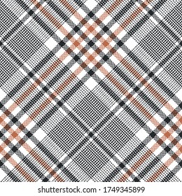 Glen plaid vector pattern in brown, orange, white. Seamless herringbone tweed check plaid for skirt, blanket, throw, trousers, jacket, or other modern autumn winter tweed fabric design.