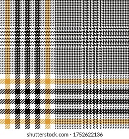Glen vector pattern in black, yellow, white. Seamless hounds tooth tweed plaid texture for jacket, skirt, trousers, dress, or other modern autumn fashion textile design.