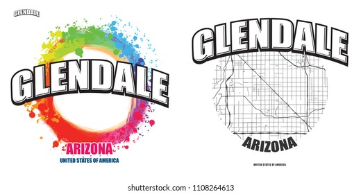 Glendale, Arizona, logo design. Two in one vector arts. Big logo with vintage letters with nice colored background and one-color-version with map for every possible print production.