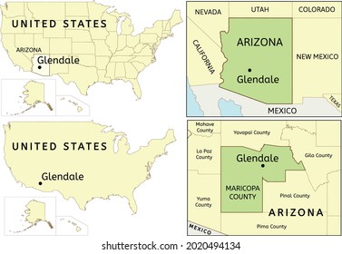 Glendale city location on USA, Arizona state and Maricopa county map