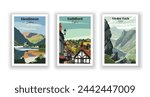 Glenfinnan, Scotland. Glyder Fach, Wales. Guildford, England - Set of 3 Vintage Travel Posters. Vector illustration. High Quality Prints