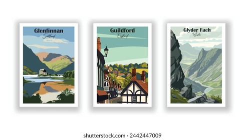 Glenfinnan, Escocia. Glyder Fach, Gales. Guildford, Inglaterra - Juego de 3 Carteles de Viajes Vintage. Ilustración vectorial. Impresiones de alta calidad