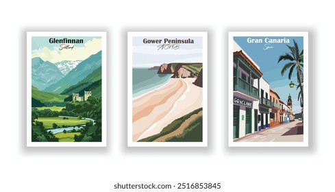 Glenfinnan, Schottland, Gower Peninsula, AONB, Gran Canaria, Spanien - Vintage Reiseplakat. Vektorgrafik