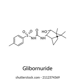 Estructura molecular de glibornuride, fórmula química esquelética plana. Medicamento sulfonilureas utilizado para tratar la diabetes tipo 2. Ilustración vectorial.