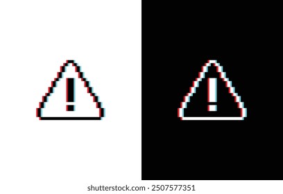 glich effect alert icon 8 bit, pixel art attention sign dangerous icon for game logo.