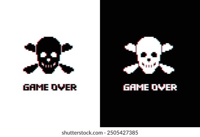 glich effect game over with Skull icon 8 bit, pixel pirate icon 8-bit for game logo.