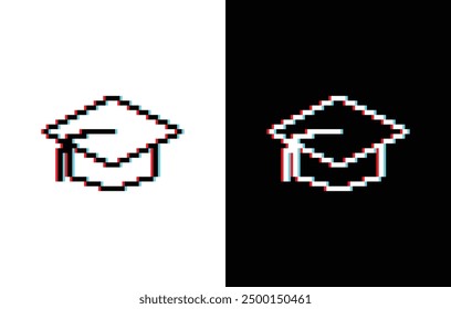 glich effect Graduation cap pixel art icon vector 8 bit game company logo template