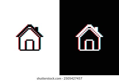 glich effect home icon 8 bit, pixel art house icon for game logo.